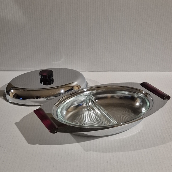 GOURMATES GLO-HILL Vintage Chrome Lidded Serving Dish with Glass Divided Insert - Picture 3 of 14